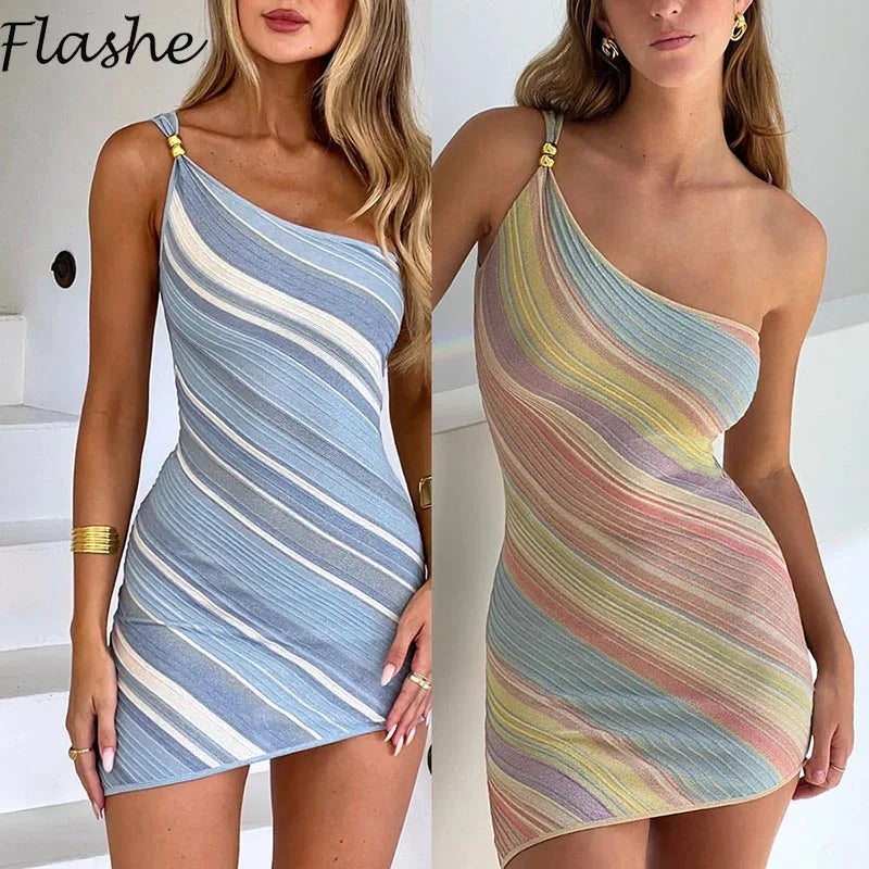Elegant Woman Dress Multi Color Patchwork Diagonal Collar Mini Dress Women Summer Sleeveless Sexy Bodycon Dress Party Vestidos Secondary image