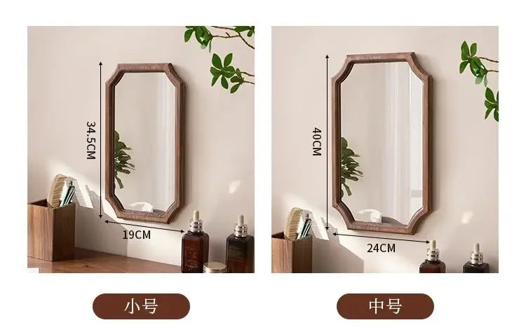 Retro Solid Wood Dressing Mirror Makeup Mirror Wall-mounted Bathroom Toilet Wall-mounted Punch-free Rectangular Bathroom Mirror