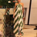2026 New Elegant Halter Striped Womens Holiday Dress Chic Pleated Sleeveless Bohemian Dress Sexy Backless Hollow Out Party Dress