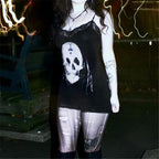 Goth Dark Streetwear Anime Skull Print Straps Mini Dress Fairy Lace Stitch Club Outfits Slim Sexy Bodycon Dresses Mall Gothic