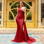 Bridesmaid Dress Champagne One Shoulder Mermaid Bridesmaid Gown for Wedding Draped Beading Women's Formal Evening Dresses Long
