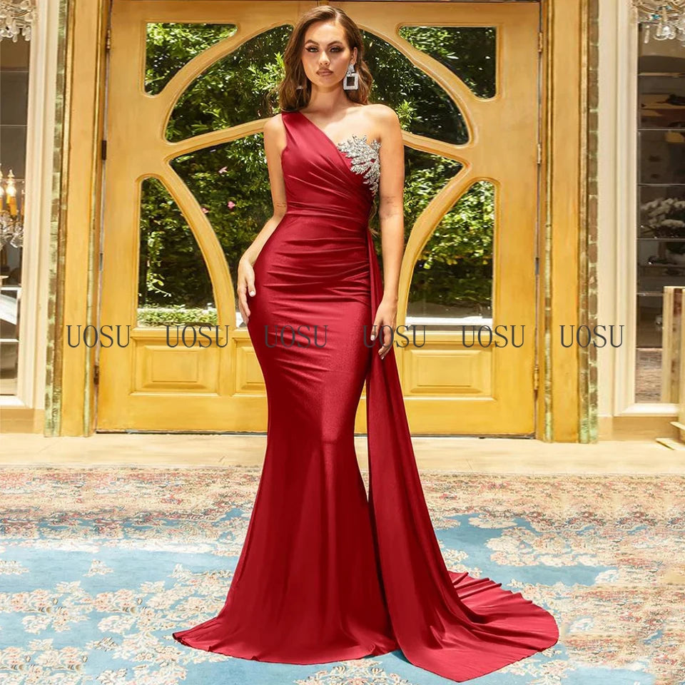 Bridesmaid Dress Champagne One Shoulder Mermaid Bridesmaid Gown for Wedding Draped Beading Women's Formal Evening Dresses Long