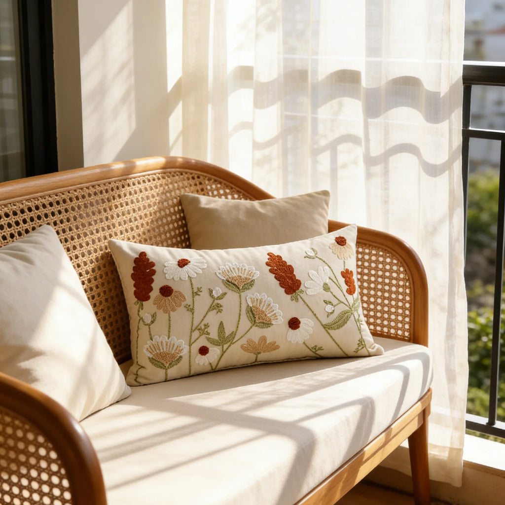 Spring Summer Floral Embroidered Decorative Throw Pillow Covers 12x20 Inch Farmhouse Beige Flowers Boho Cushion Case for Bedroom