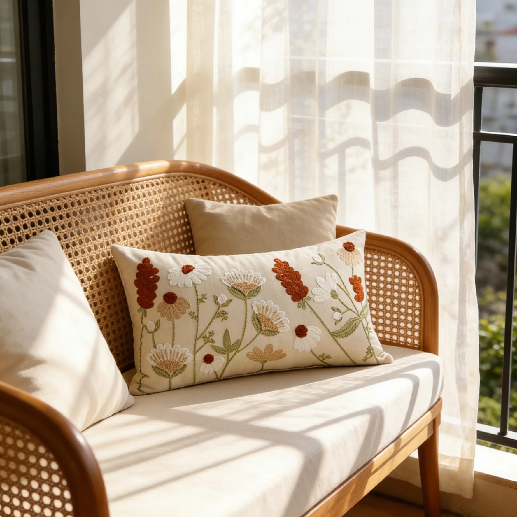 Spring Summer Floral Embroidered Decorative Throw Pillow Covers 12x20 Inch Farmhouse Beige Flowers Boho Cushion Case for Bedroom