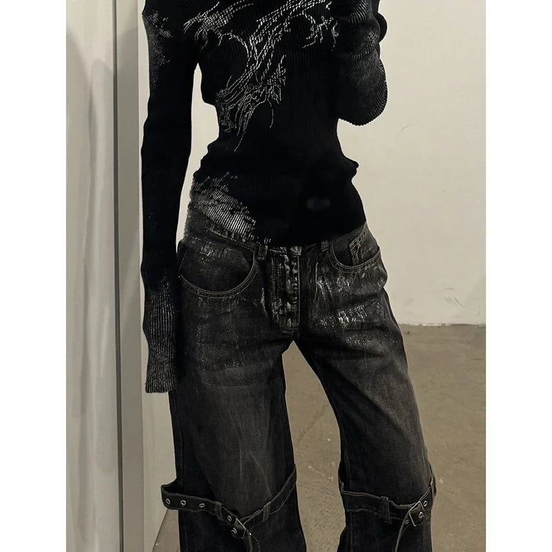 Black Women's Jeans High Waist Hip Hop Straight Fashion Pants Streetwear Harajuku Y2K Star 2024 Female Wide Leg Denim Trouser