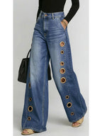 Missuoo Women's Washed Blue High-Waist Metal Grommet Wide Leg Jeans 2026 Casual Loose Fit Streetwear Pants Casual Trousers
