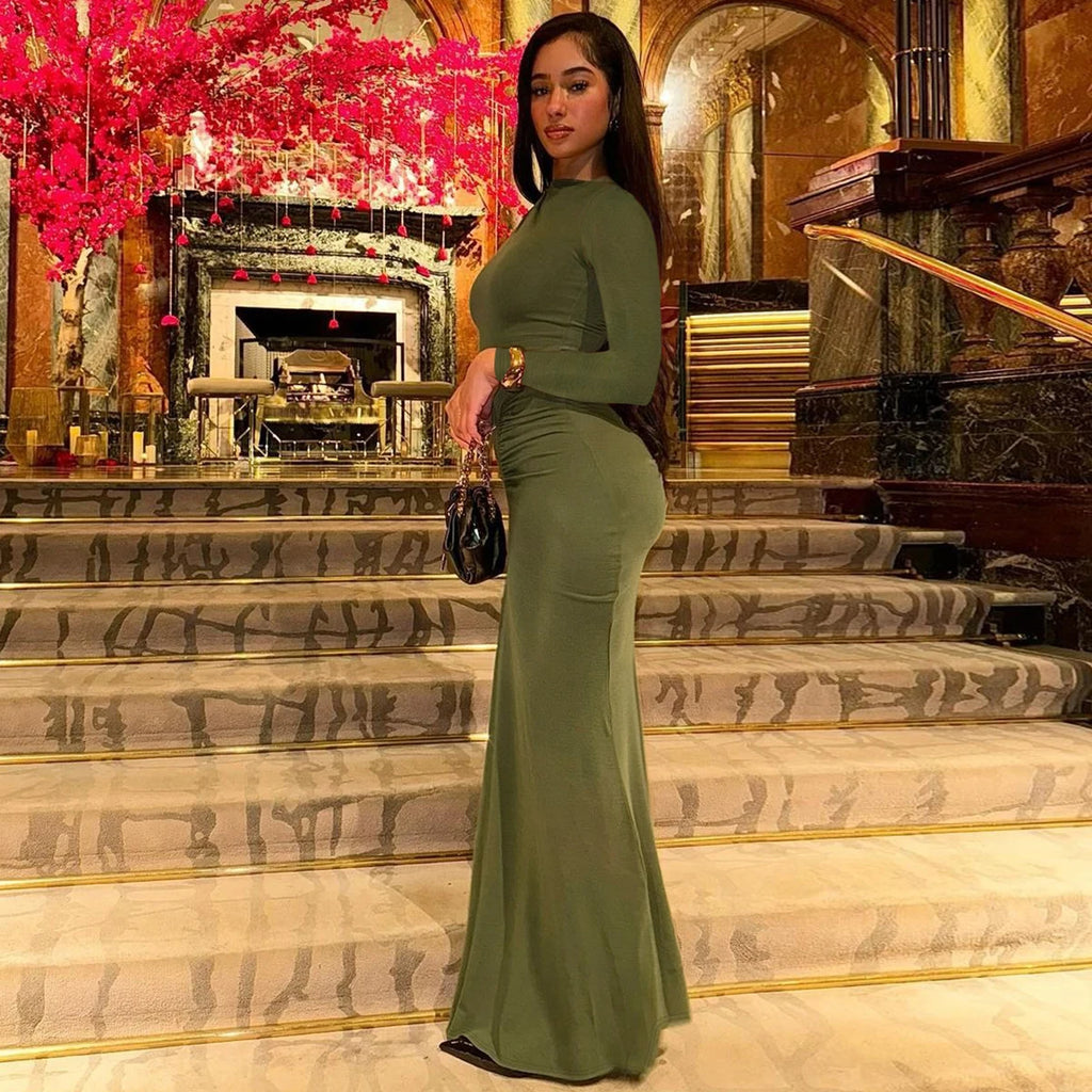 Hugcitar Autumn Solid Long Sleeve Draped Sexy Bodycon Maxi Prom Dress Women Fashion Y2K Outfits Evening Party Festival Club