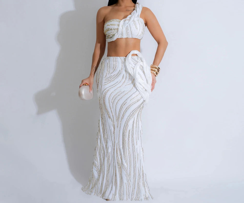 Sexy One-shoulder Long Summer Dress Sequin Birthday Holiday Elegant Party Evening Dresses Luxury Womens Prom Dresses XSY29