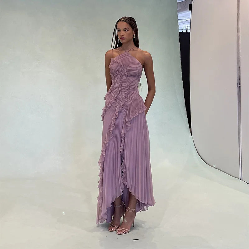 Chic Elegant Lotus Edge Maxi Dress Slim Fit Backless Lace Up Halter Robes Sleeveless Party Vestidos 2026 Nw Lady Vacation Gowns