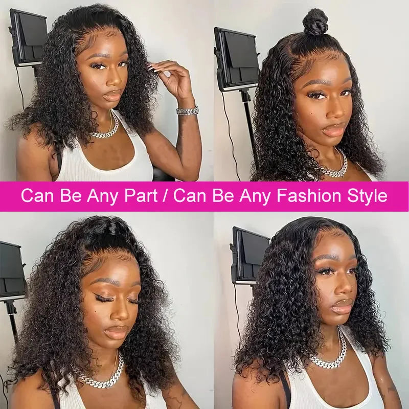 Brazilian 100% Human Deep Curly Bob Hair Wigs Natural Black Color Deep Wave HD Lace Front Part 13x4 Transparent Lace Wigs Secondary image