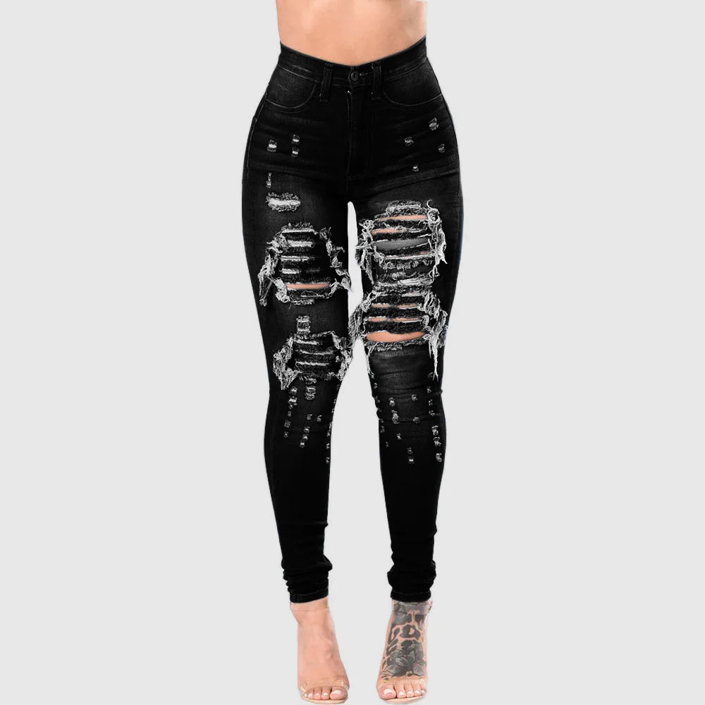 HOLE Denim Women 2025 High Waist Ripped Jeans for Women Skinny Black Pockets Jeans Woman Elastic Slim Jean Female Femme Pants