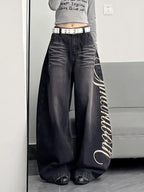 American New Fashion Oversized Letter Printing Black Washed Jeans Ladies Y2K Popular Casual Joker Loose Wide-leg Mop Pants