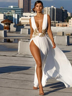JRRY Sexy Women High Slit Maxi Dresses Deep V Neck Backless Long Dress Solid Pattern Floor Length Dress Vestidos