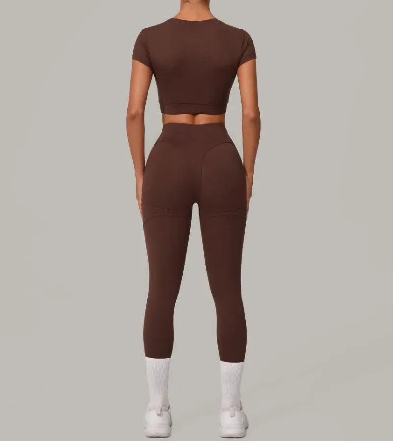 Gym Workout Yoga Fitness Sports Suit Short-sleeved Top Padded-free High-waisted Hip-lifting Trousers Outdoors Leisure Sportswear