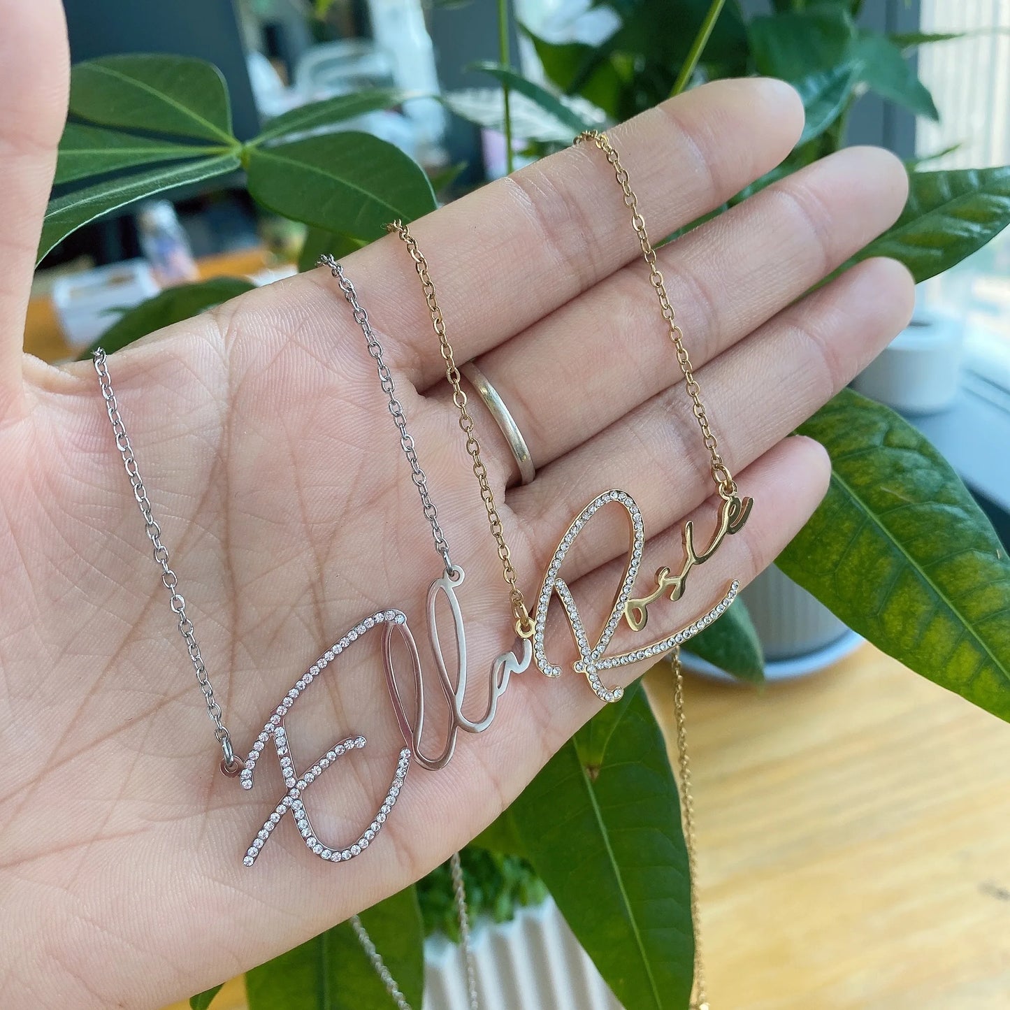 Qitian Personalized Signature Dainty Diamond Name Necklace Stainless Steel Handmade Custom Name Zircon Crystal Jewelry For Women