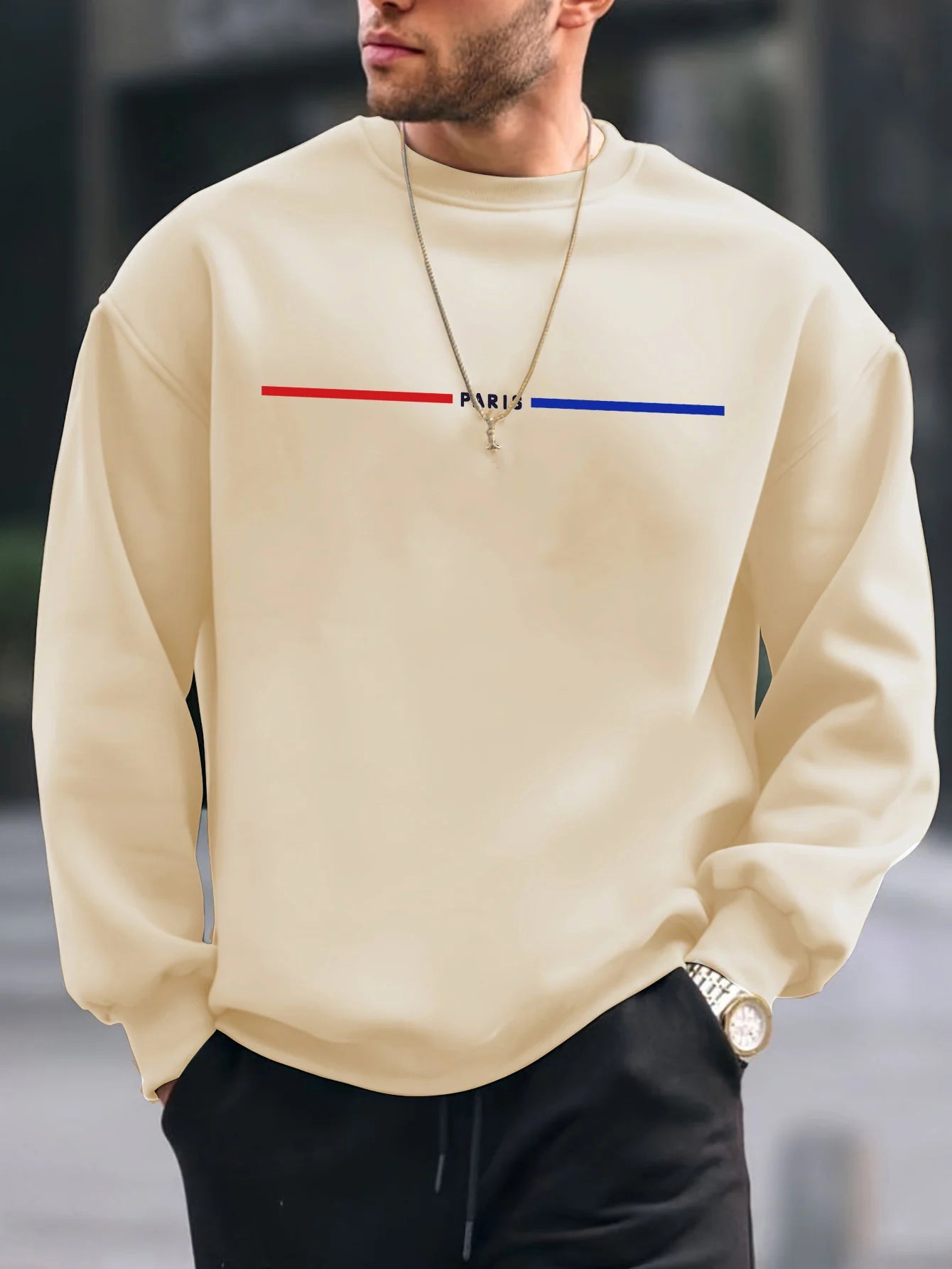 Men's autumn and winter thick velvet warm and fashionable casual loose Paris print round neck long sleeved pullover