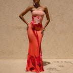 Sexy Tube Top Floral Printed One-piece Robes Summer Casual Off Shoulder Sleeveless Party Dress Elegant Lady Slim Fishtail Dress