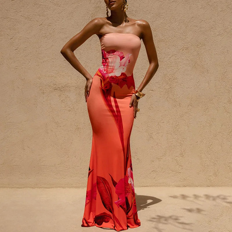 Sexy Tube Top Floral Printed One-piece Robes Summer Casual Off Shoulder Sleeveless Party Dress Elegant Lady Slim Fishtail Dress