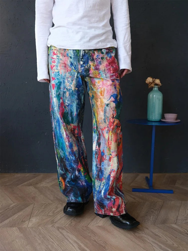2025 Ropa Y2K Streetwear Graffiti Painting Baggy Jeans Pants For Men Designer Clothes Colorblock Kanye Wide Leg Denim Trousers
