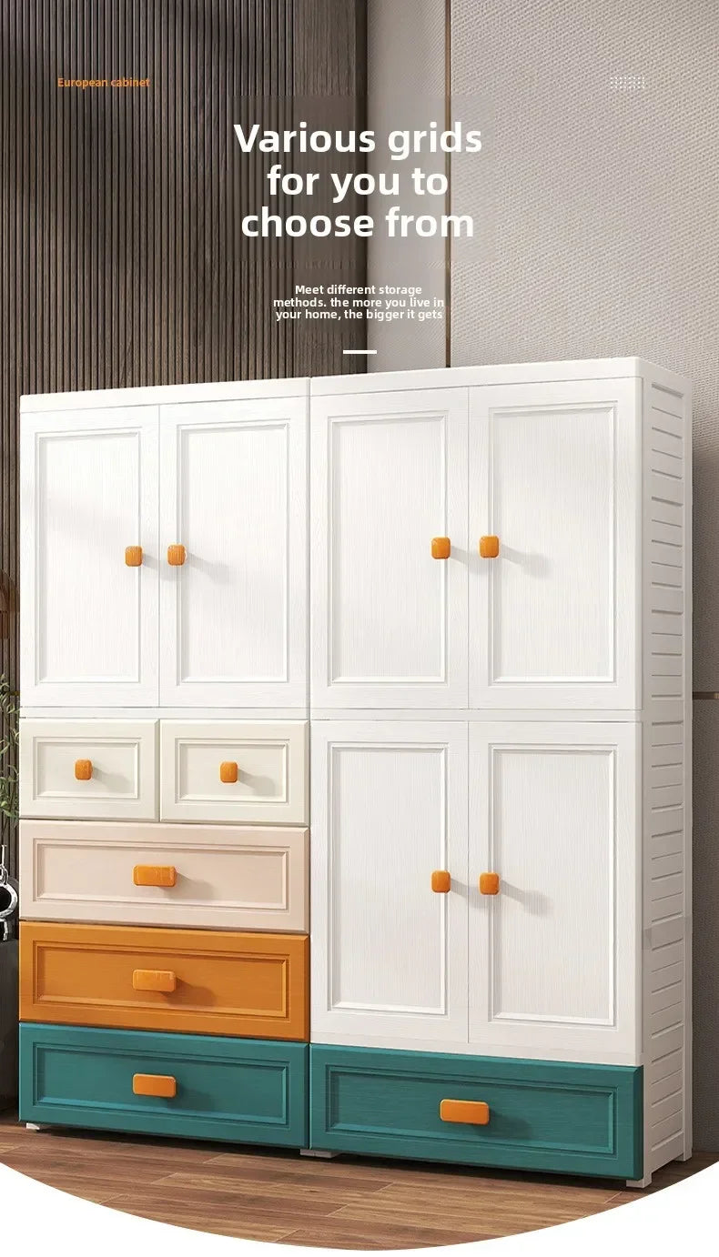 New model 70-Face wide thickened wardrobe simple bedroom plastic cabinet double door drawer type clothes hanging storage cabinet
