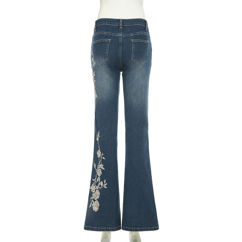 Flare Pants Jeans Women Embroidery Boot Cut Low Waist Washed Distressed Pockets Floor Length Streetwear 2025 Denim Trousers