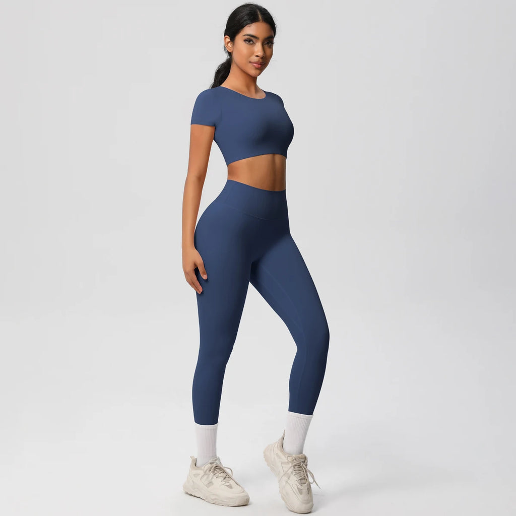 2PCS Woman Gym Sports Yoga Set Knitted Slim Workout Top Short Sleeve Quick Drying Legging Fitness Pants Running Sports Yoga Suit