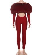 Kliou Furry Patchwork Slash Neck Jumpsuits Woman Autumn Trend Sexy Hollow Navel Exposed Skinny Peach Hip Hottie Fashion Clubwear