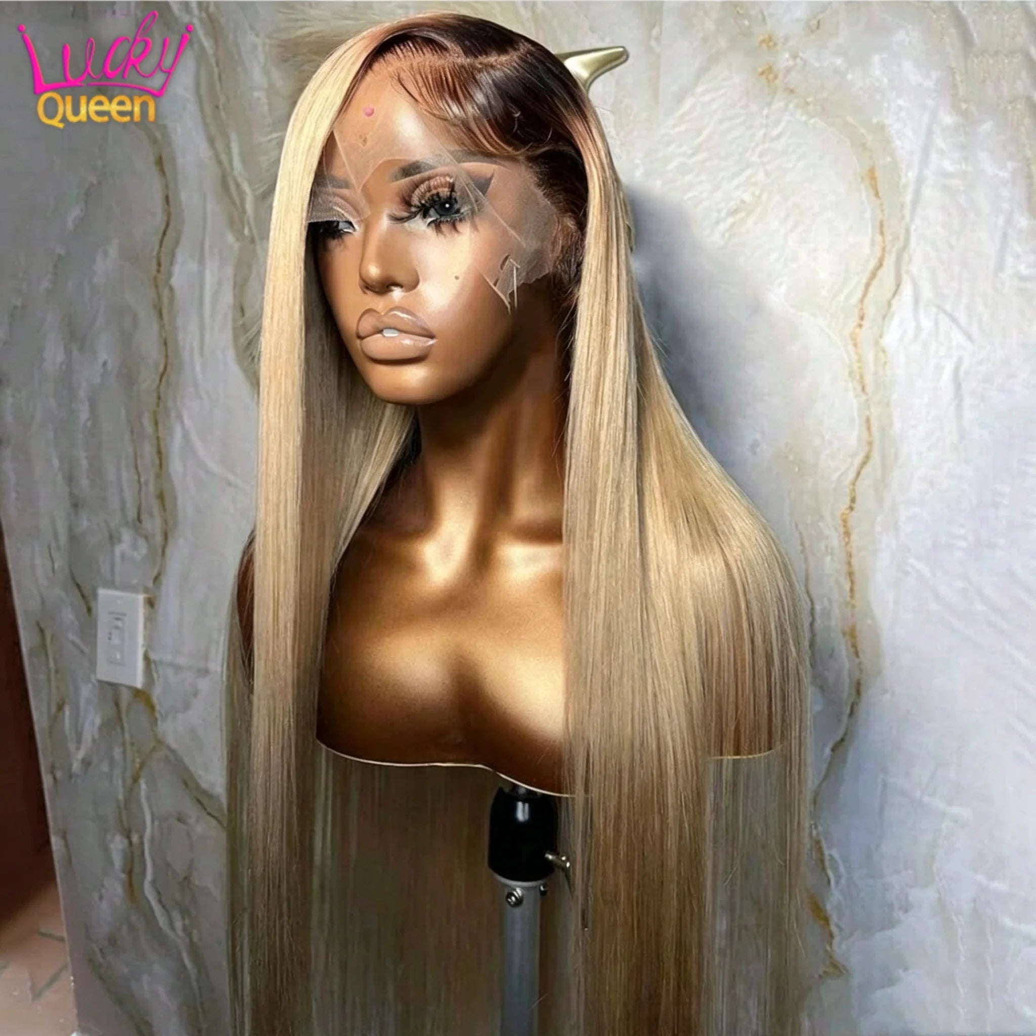 13X6 Ombre Blonde Colored Frontal Wig Human Hair for Women Transparent 13X6 Lace Front Human Hair Wig with Dark Root Pre Plucked