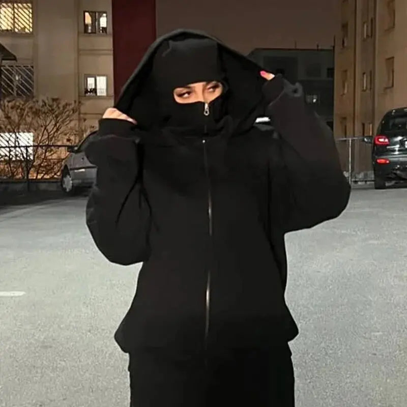 Men's and women's Balaclava Y2K Gothic Harajuku winter new item double hooded sweatshirt Unisex hooded mask zipper sportswear Main image
