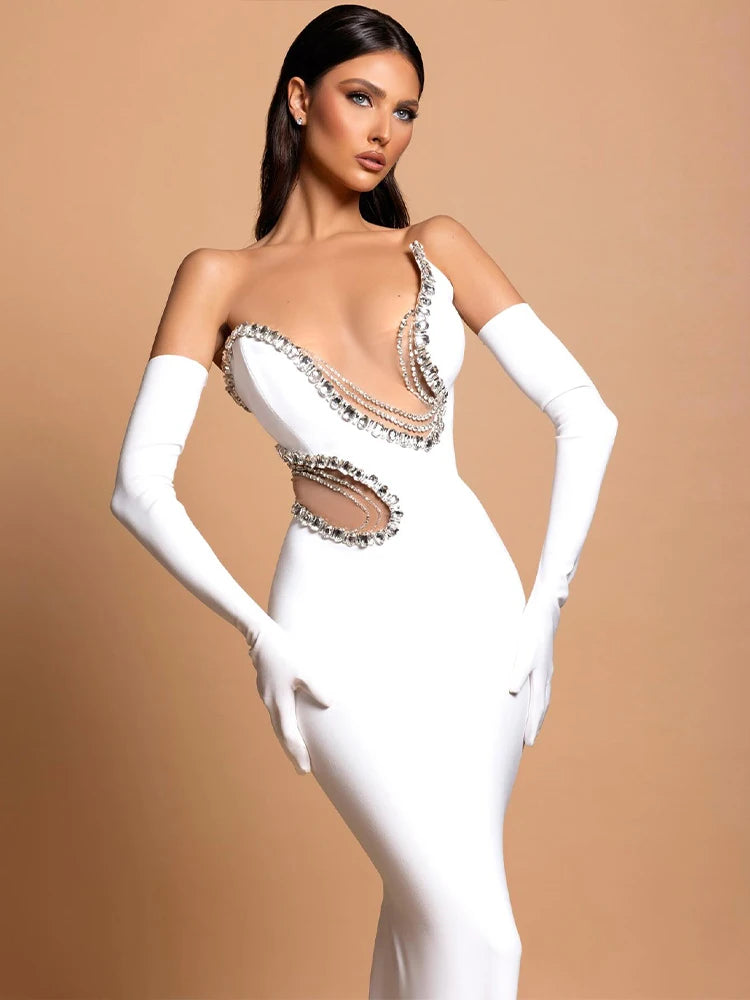Women Mermaid Sexy White Sleeveless Bandage Long Dress Mesh Backless Strapless Diamonds Bodycon Party Evening Wedding Gowns Secondary image