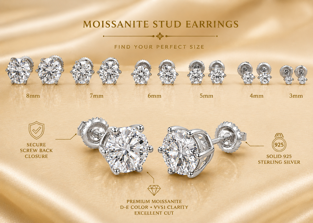 Sterling Silver 6 Prong Moissanite Screwback Earrings/w Certification