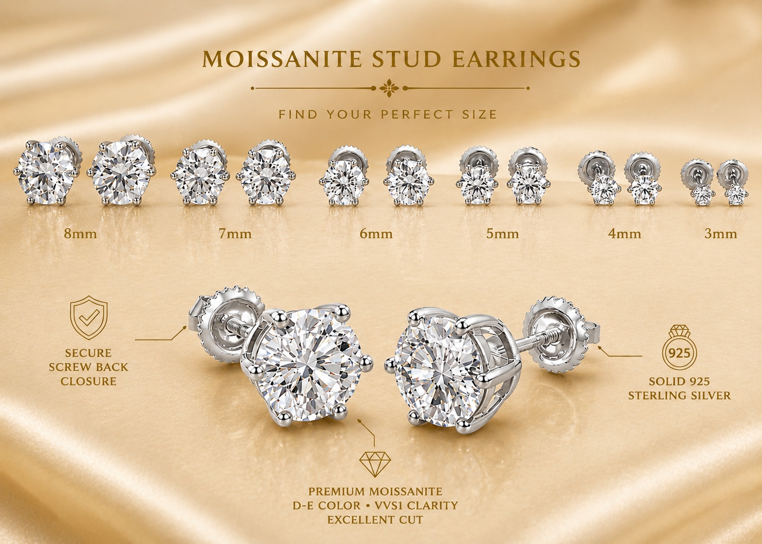 Sterling Silver 6 Prong Moissanite Screwback Earrings/w Certification