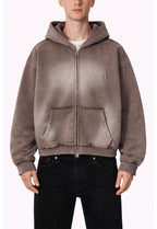 BROWN DISTRESSED ZIP HOODIE