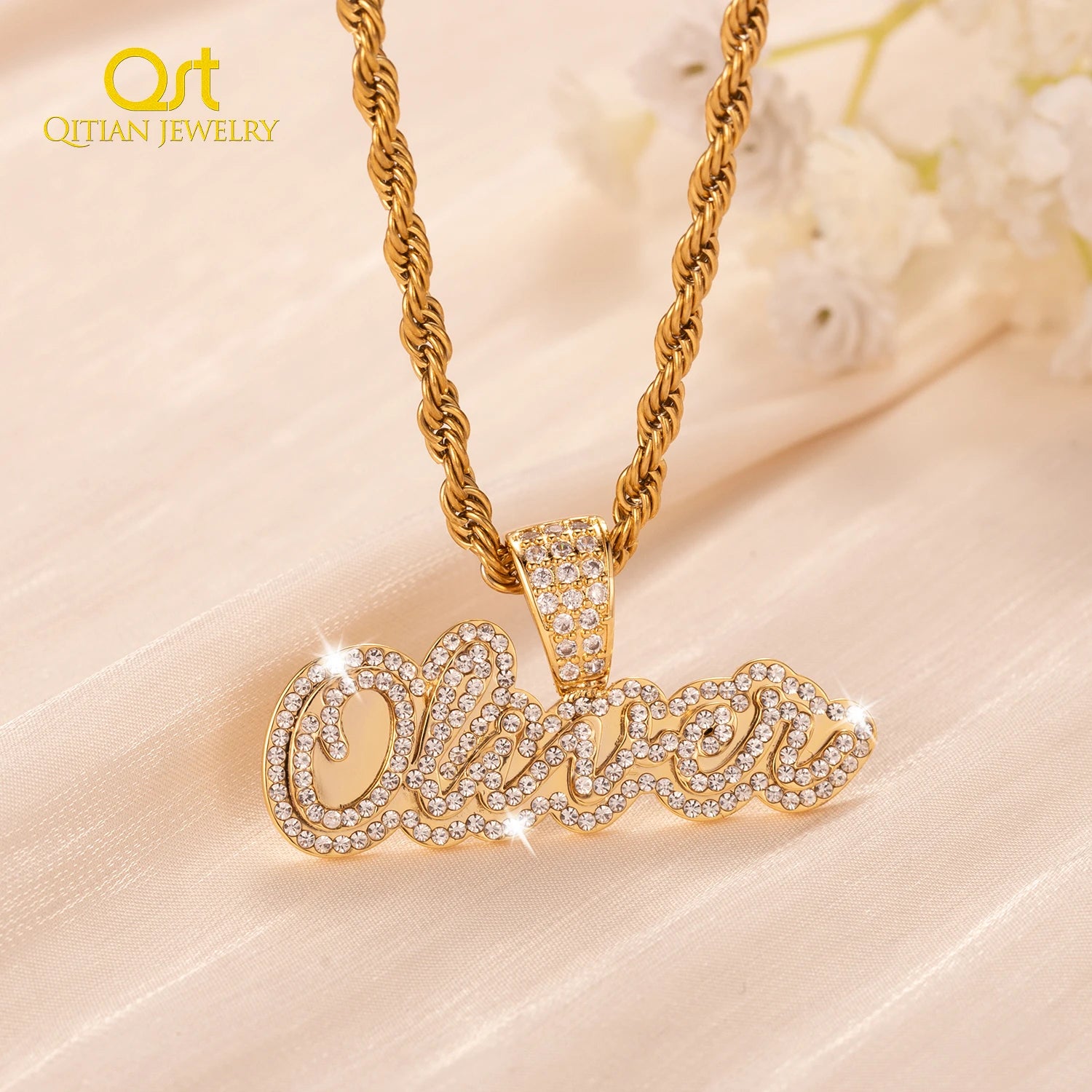 Personalized Iced Out Necklace With Name For Women Custom Double Crystal Name Necklaces Stainless Steel Chain Pendant Jewelry Main image