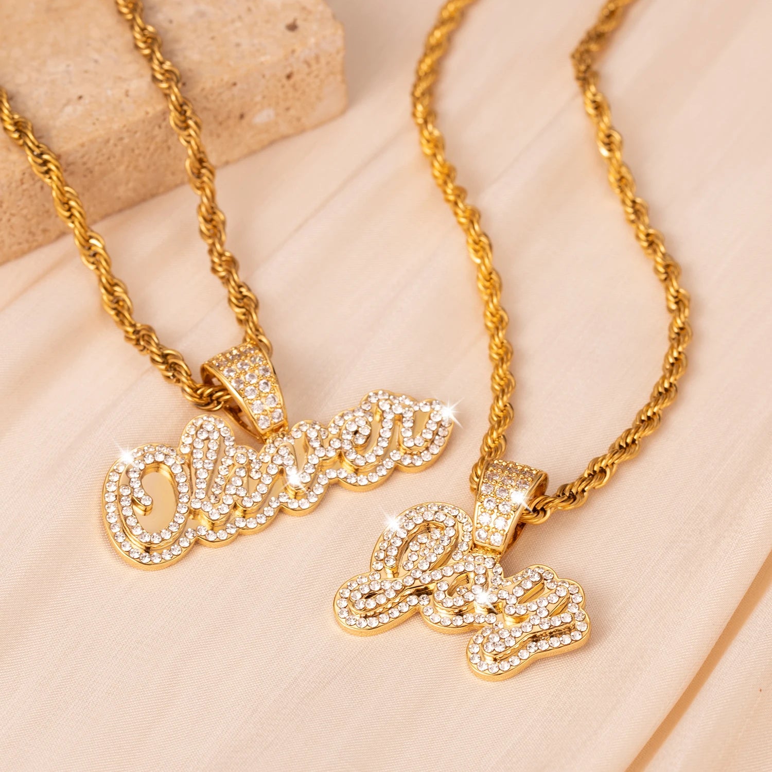 Personalized Iced Out Necklace With Name For Women Custom Double Crystal Name Necklaces Stainless Steel Chain Pendant Jewelry