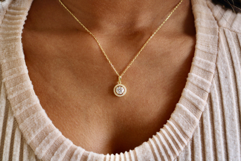 Sterling Silver 4 Prong Round Moissanite W/ Border Necklace