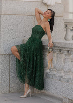 Elphie Strapless Sequin Corset Midi Dress - Green