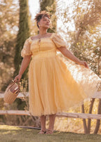 Everbloom Puff Sleeve Midi Dress in Yellow
