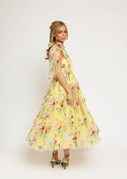 Margaret Floral Embroidered Midi Dress Yellow