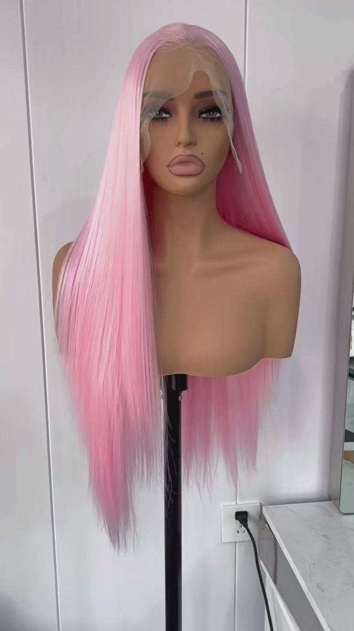 Light Pink Long Silky Straight Synthetic Lace Front Wig Free Part Pastel Pink Heat Resistant Fiber Wigs for Women Daily Party Main image