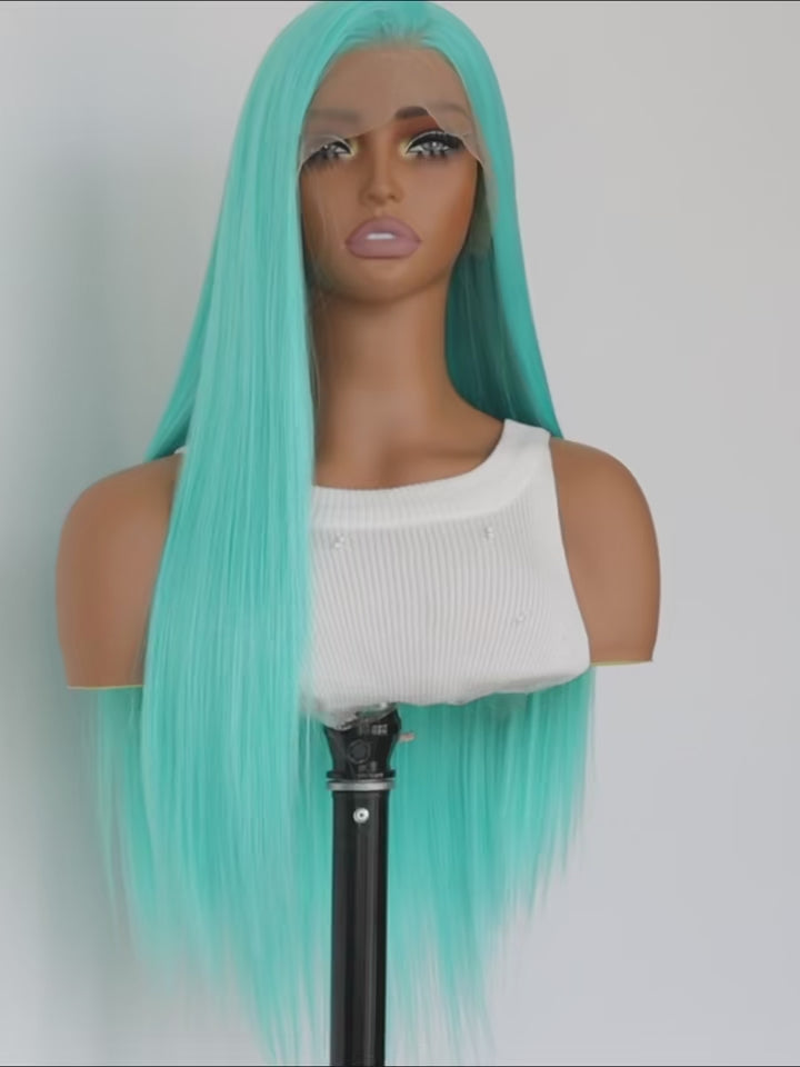 Mint Blue Color Synthetic Lace Front Wigs for Fashion Women 24 Inch Long Silky Straight Hair Mint Green Wig 13x4 HD Lace Front W Main image