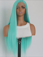 Mint Blue Color Synthetic Lace Front Wigs for Fashion Women 24 Inch Long Silky Straight Hair Mint Green Wig 13x4 HD Lace Front W