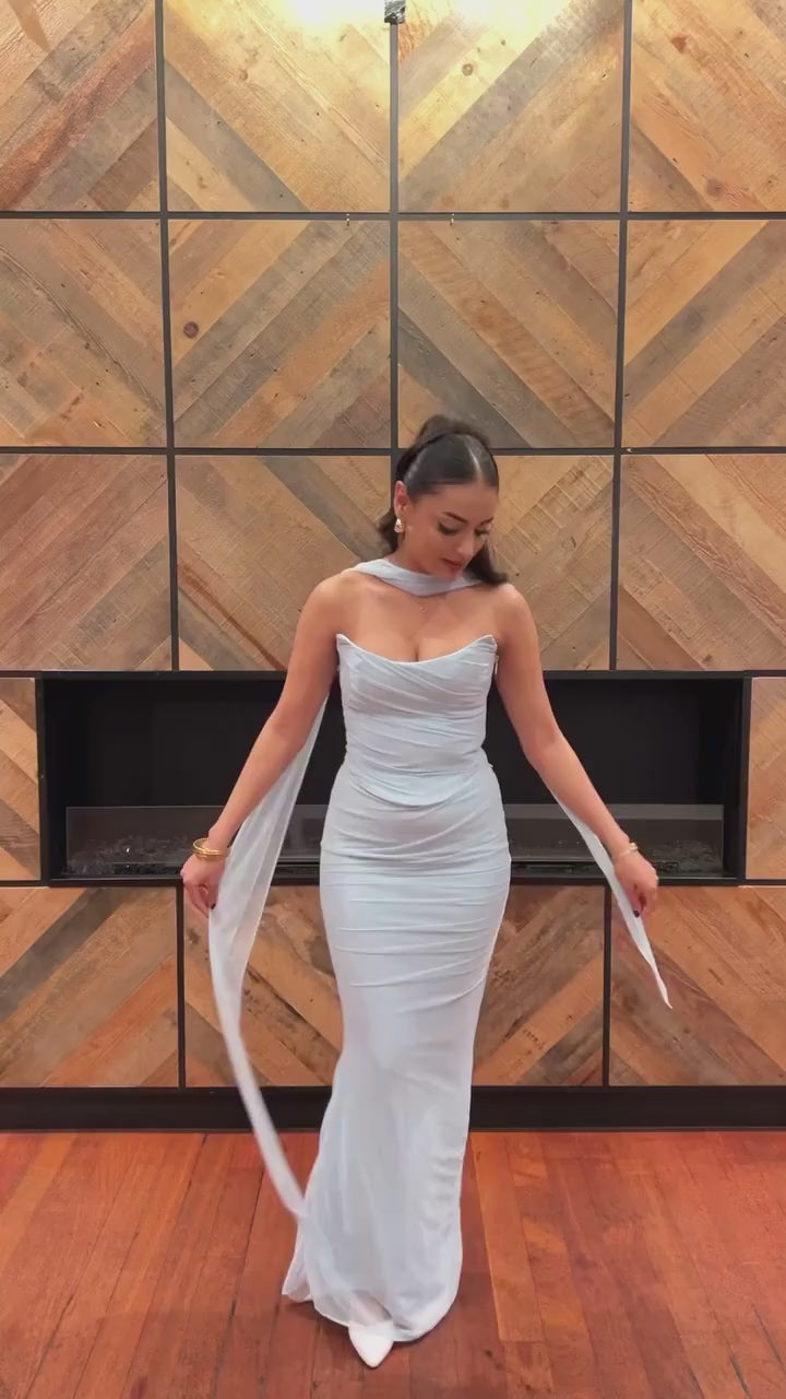 Mingmingxi Elegant Maxi Wedding Guest Dress Set Sexy Strapless Blue Cropped Top Set Bodycon Holiday Party Dresses Women Main image