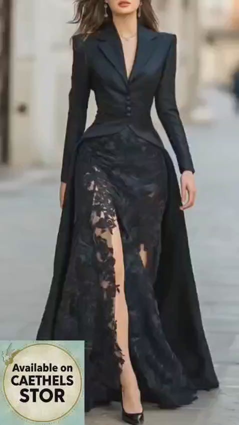 Elegant Solid Formal Occasion Outfit Autumn Women's Lapel Button Top and Skirt Two Piece Set Lace Patchwork Slim Fit Party Suit Main image