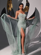 FATAPAESE Glamour Sequin Pearls Luxury Evening Dresses Sexy Tulle Train Party Dress for Wedding Charity Prom Award Ceremony