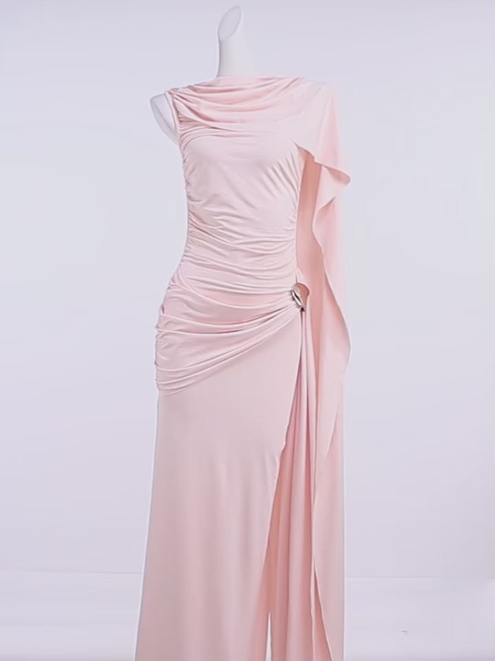 Kliou Ruched Elegant Gown Dress Woman o-Neck Sleeveless Ribbon Decoration Metal Trim High Waist Midnight Prom Party Long Bodycon