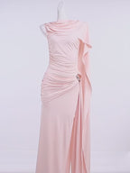 Kliou Ruched Elegant Gown Dress Woman o-Neck Sleeveless Ribbon Decoration Metal Trim High Waist Midnight Prom Party Long Bodycon