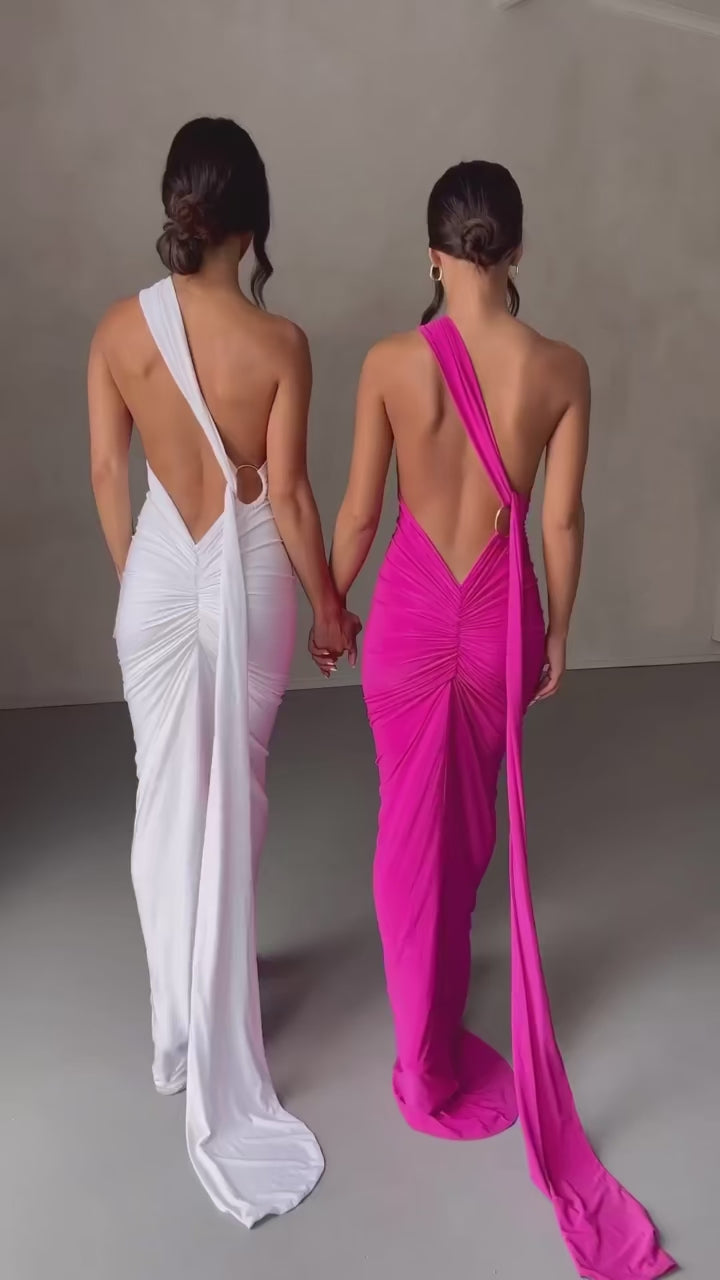Dulzura One Shoulder Backless Ruched Slim Ribbon Long Dress Women Solid Sexy Elegant Dress Evening Party Club Prom Summer Outfit
