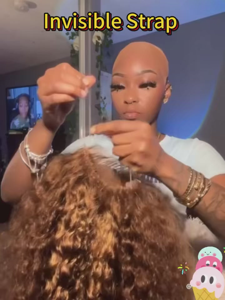 250Density Deep Wave Human Hair Wig 360 Full Lace Front with Hidden Strap 4/27 Blonde Highlights Pre Plucked Brazilian Curly Wig