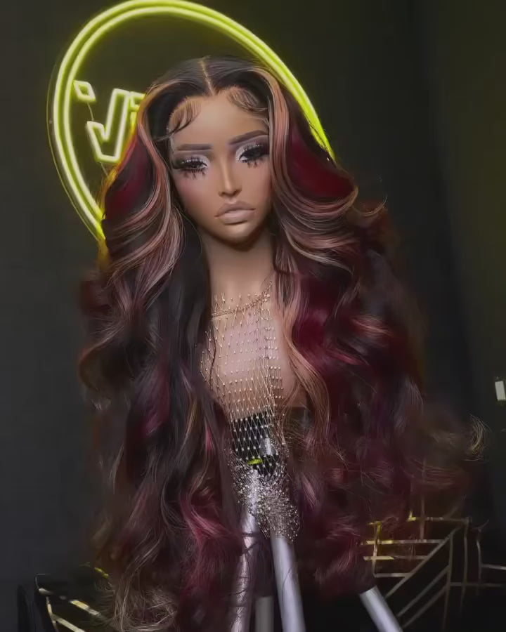 Black Red Blonde Highlight Wig180% Density Blonde Red Highlights 13X4 HD Lace Front Glueless Balayage Wigs Human Hair for Women Main image
